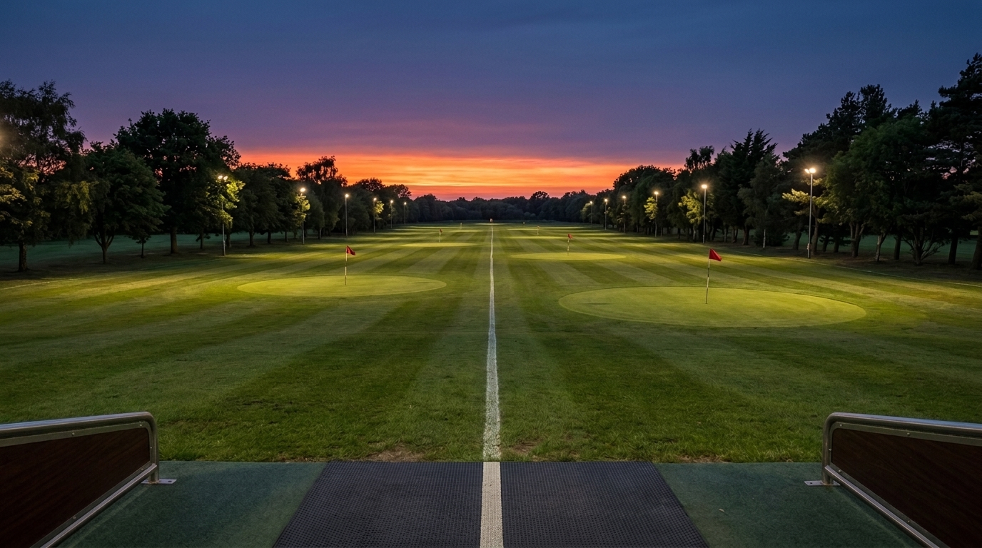 A driving range at dusk seen from the tee, with painted target greens and a white center line under an orange and purple sky